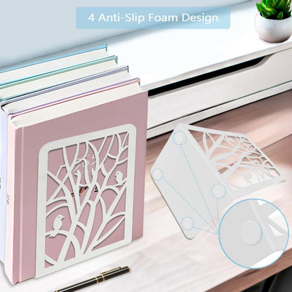 Qualsen Bücherstützen Metall für Regal Büro Zuhause - Weiß, Baum und Vogel, 1 Paar