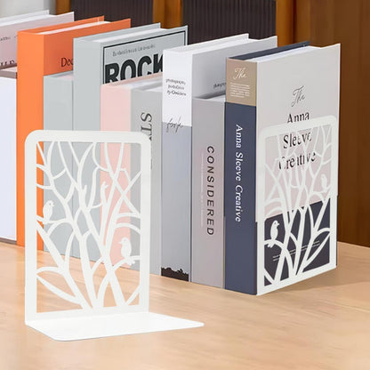 Qualsen Bücherstütze Metall Baum Vogel Design weiß 1 Paar - Bücherhalter Regal