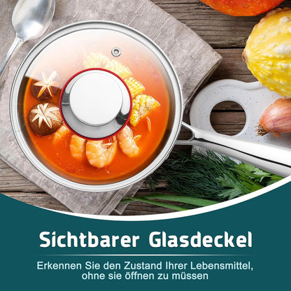 Kochtopf 16cm Edelstahl Stielkasserolle mit Glasdeckel 1,8L Induktion