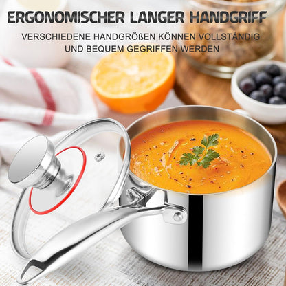 Stielkasserolle 14cm Premium Milchtopf Induktion 3-Lagig mit Deckel