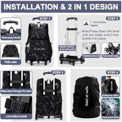 Rucksack mit Rollen für Jungen – Schulrucksack Trolley 32x20x46cm Schwarz