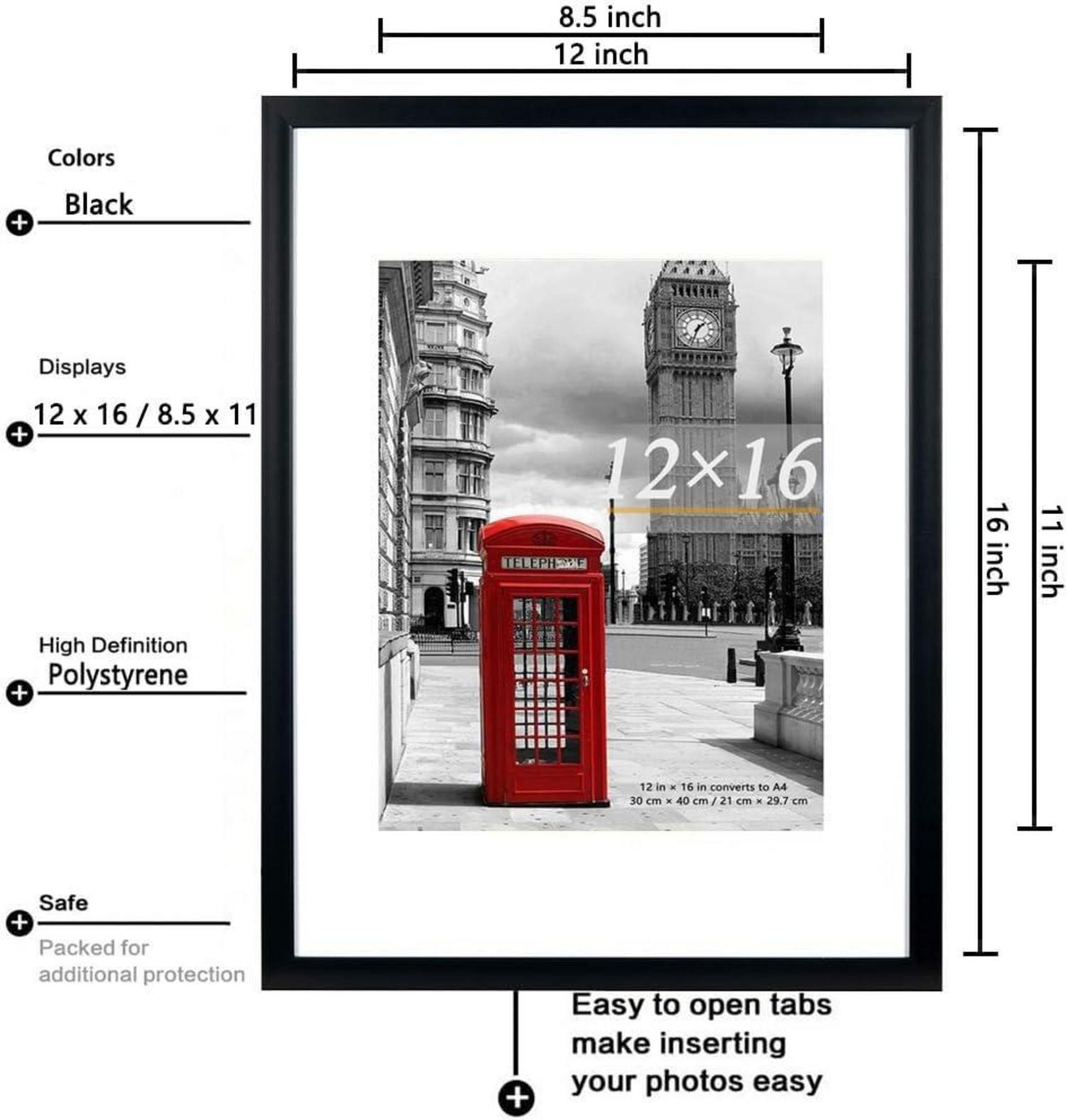 Schwarze Bilderrahmen 30x40 cm Passepartout 8,5x11 Wandmontage 3er Set
