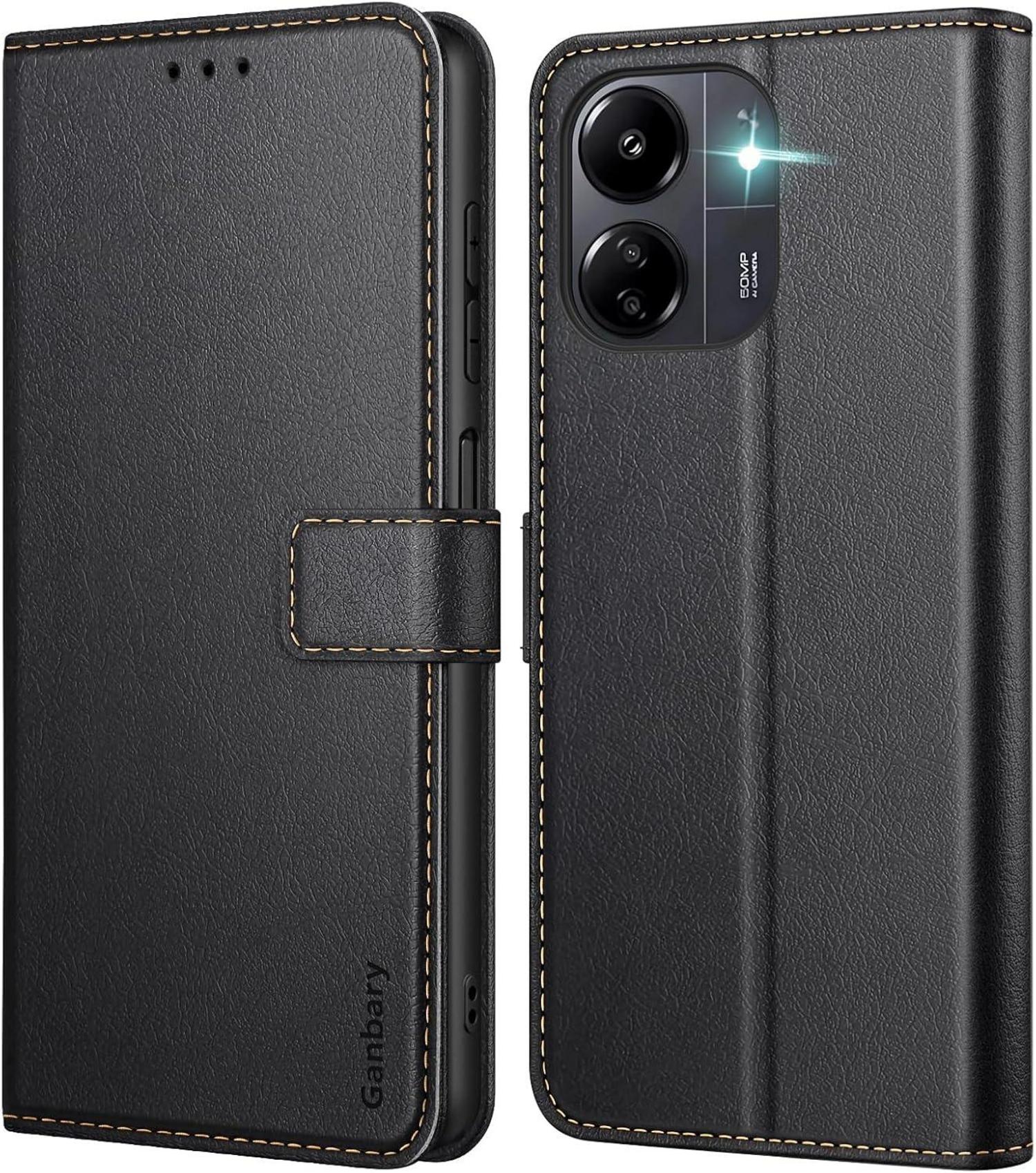 Leder Handyhülle mit Kartenschlitzen für Xiaomi Redmi 13C - Schwarz