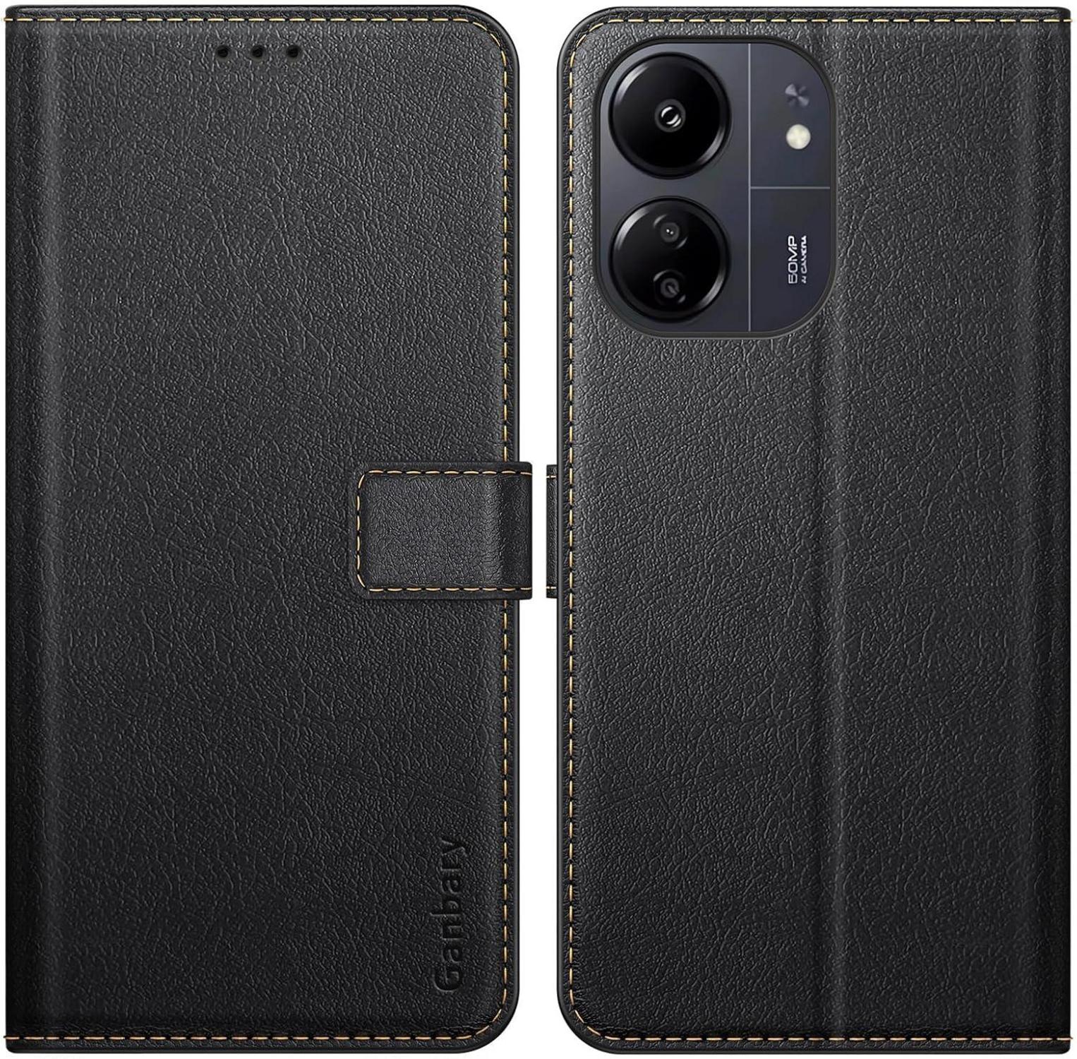 Xiaomi Redmi 13C Hülle Schwarz Leder Klapphülle Kartenschlitzen Magnetverschluss