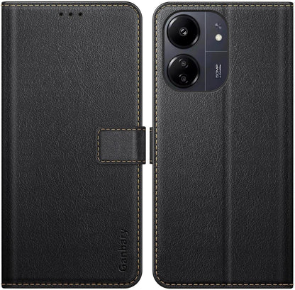 Xiaomi Redmi 13C Hülle Schwarz Leder Klapphülle Kartenschlitzen Magnetverschluss