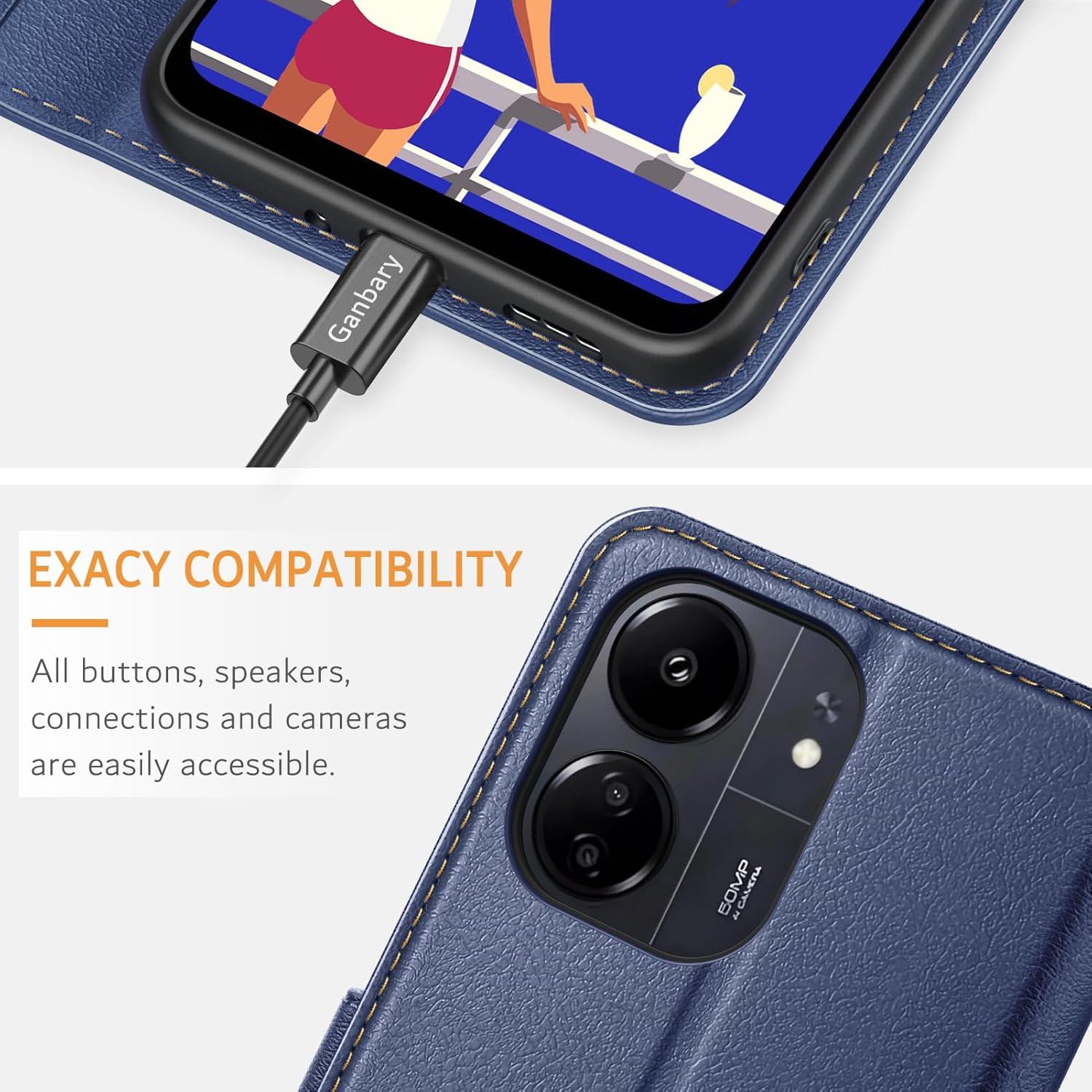 Handyhülle Xiaomi Redmi 13C Leder Klapphülle Blau Magnet Standfunktion