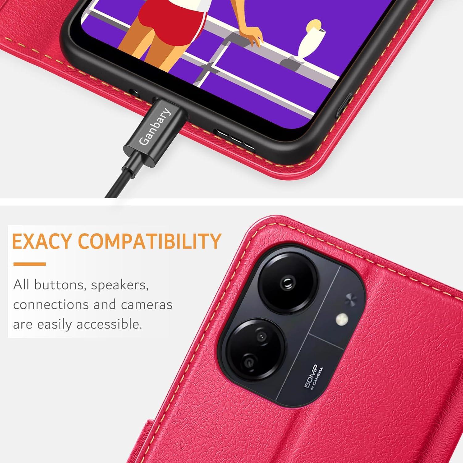 Handyhülle Xiaomi Redmi 13C Leder Klapphülle Rot mit Kartenschlitzen