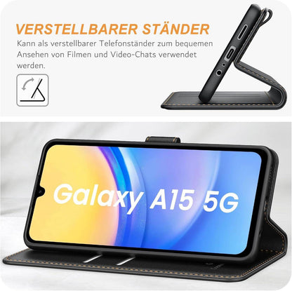 Samsung Galaxy A15 5G Schwarz Leder Klapphülle mit Kartenschlitzen und Standfunktion