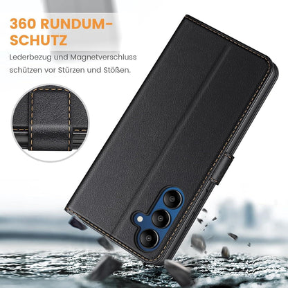 Leder Handyhülle für Samsung Galaxy A15 4G 5G - Schwarz