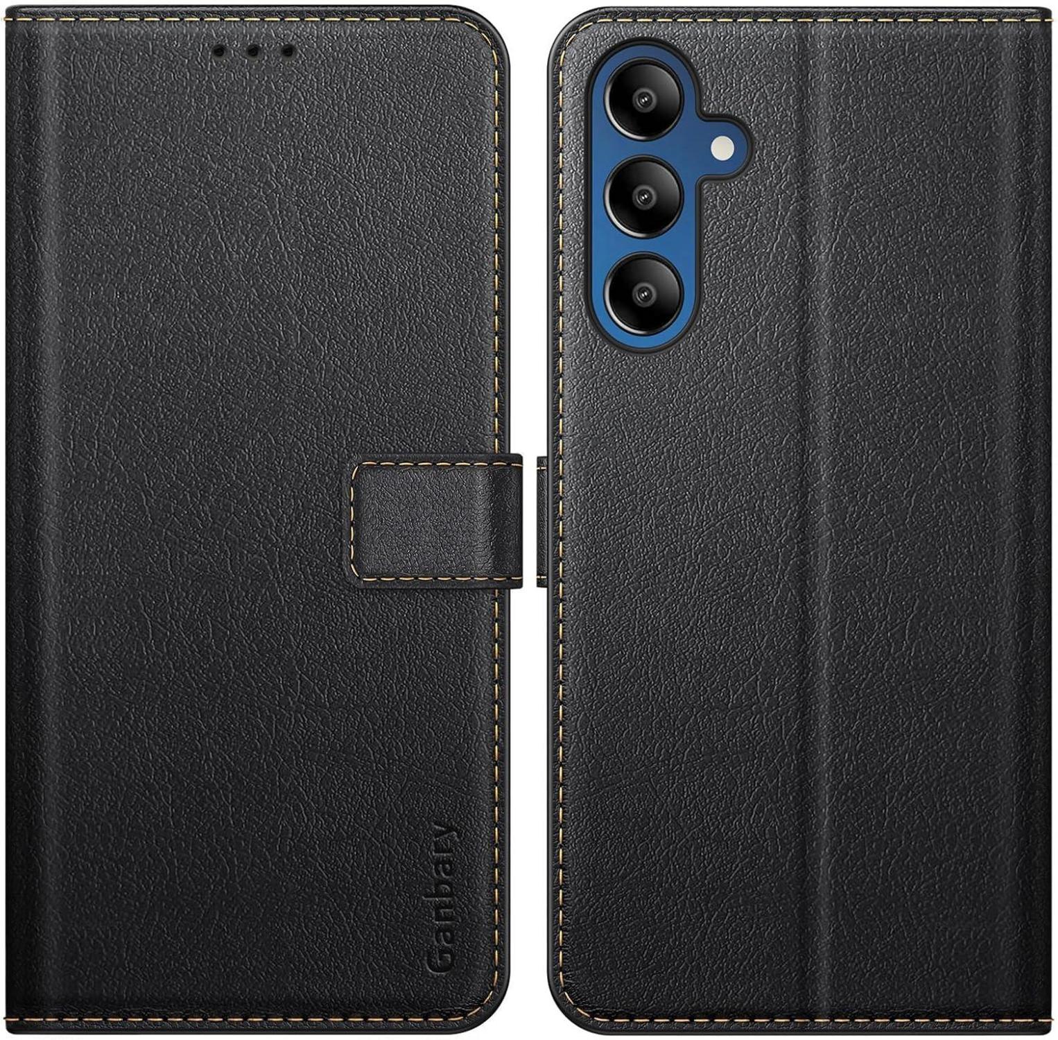 Samsung Galaxy A15 5G Schwarz Leder Klapphülle mit Kartenschlitzen und Standfunktion