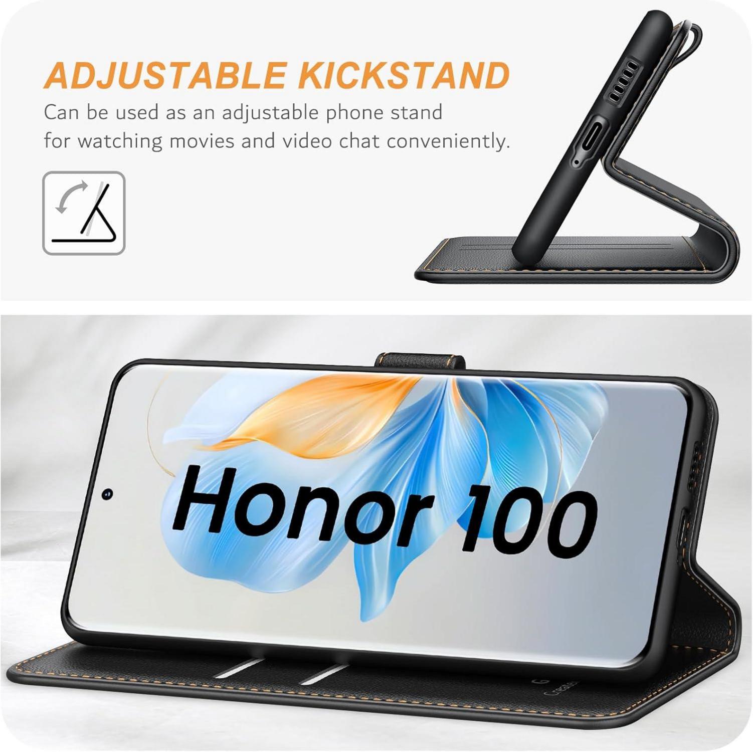 Premium Leder Handyhülle Honor 100 5G, Klapphülle [Kartenschlitzen] [Magnetverschluss] [Standfunktion] Schwarz