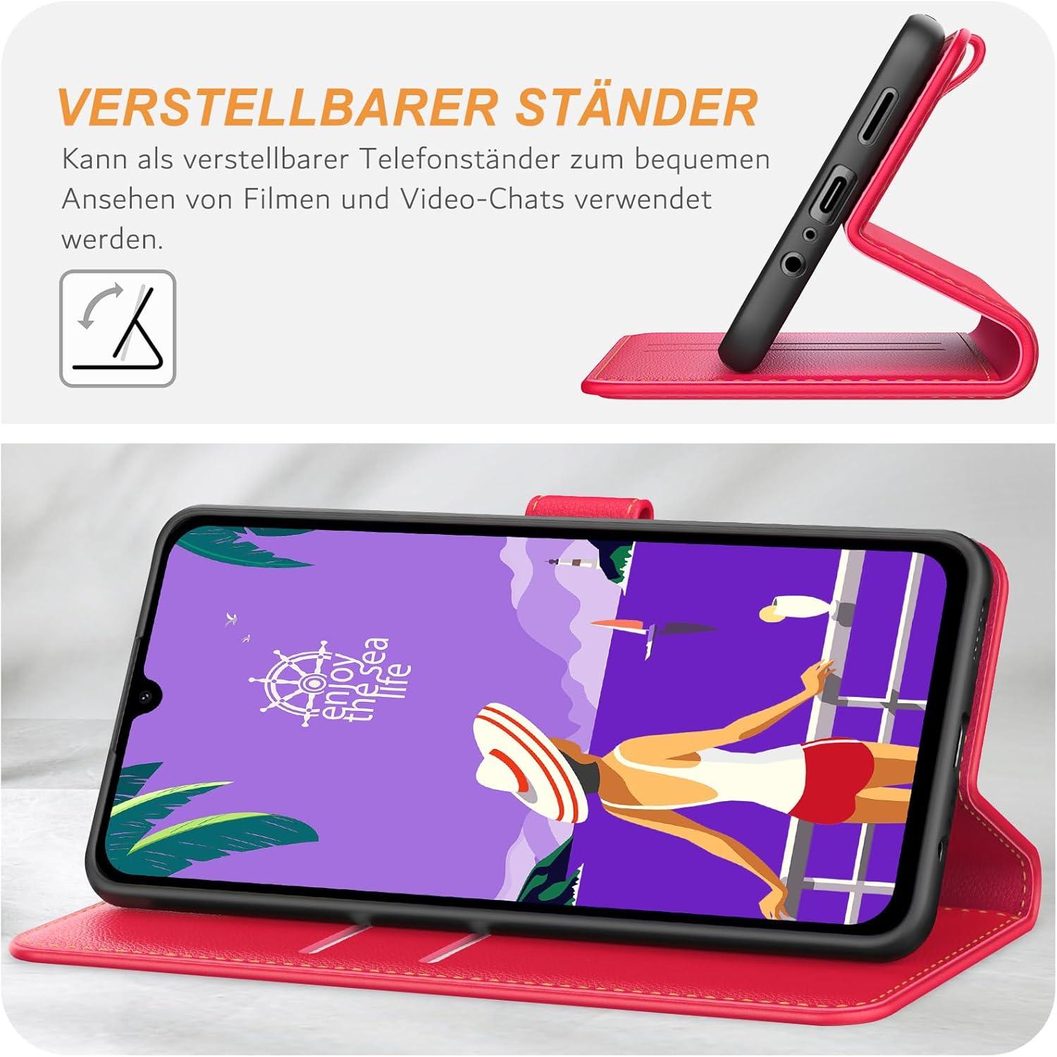 Samsung Galaxy A15/ A15 5G Handyhülle Leder Klapphülle Rot mit Kartenschlitzen & Standfunktion