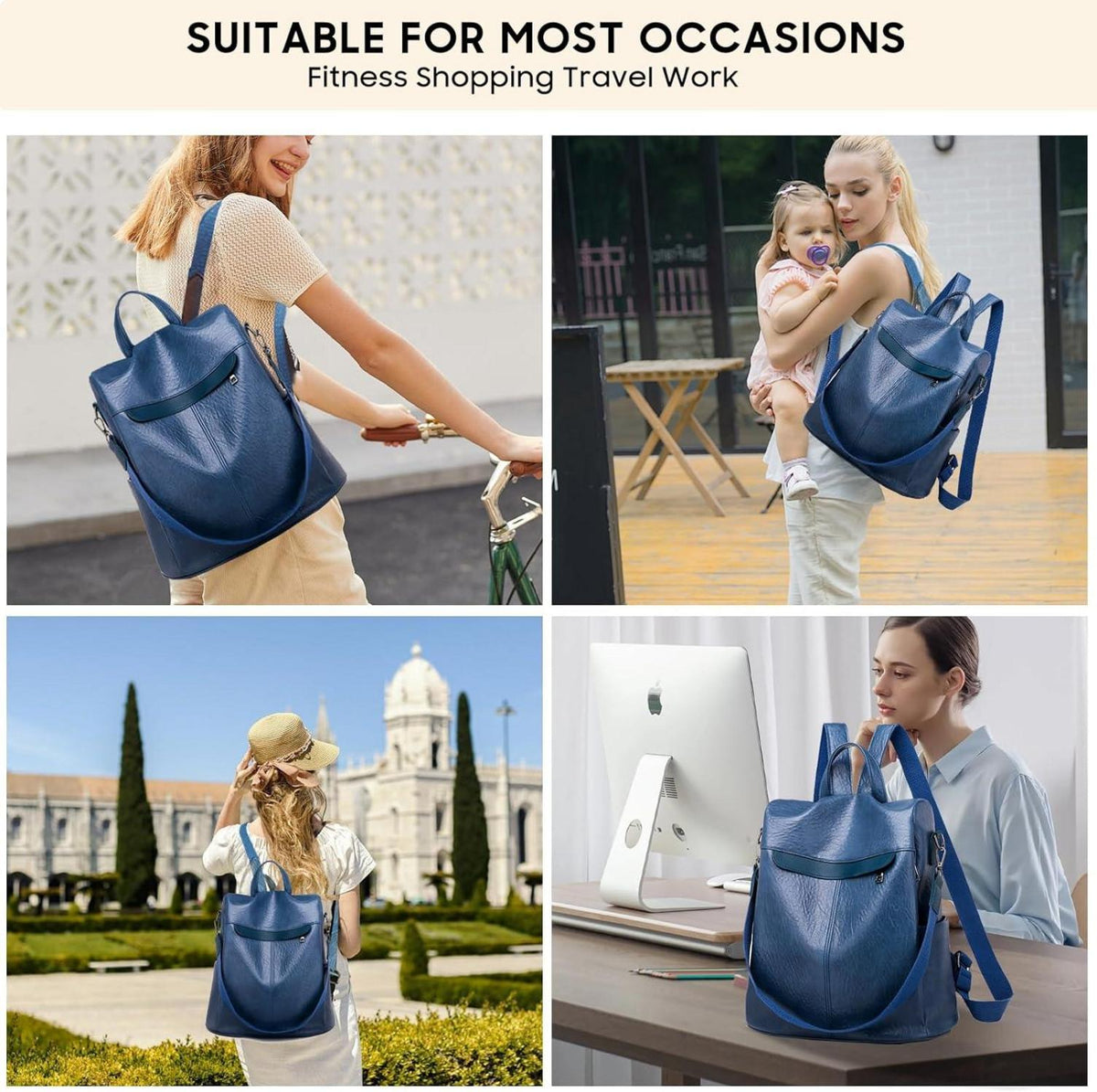 Damen-Rucksack wasserdicht PU-Leder Mehrzweck Blau