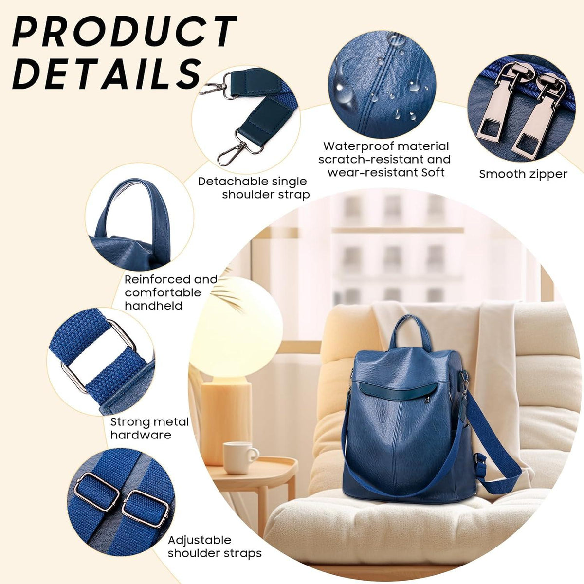 Damen-Rucksack wasserdicht PU-Leder blau wandelbar multifunktional