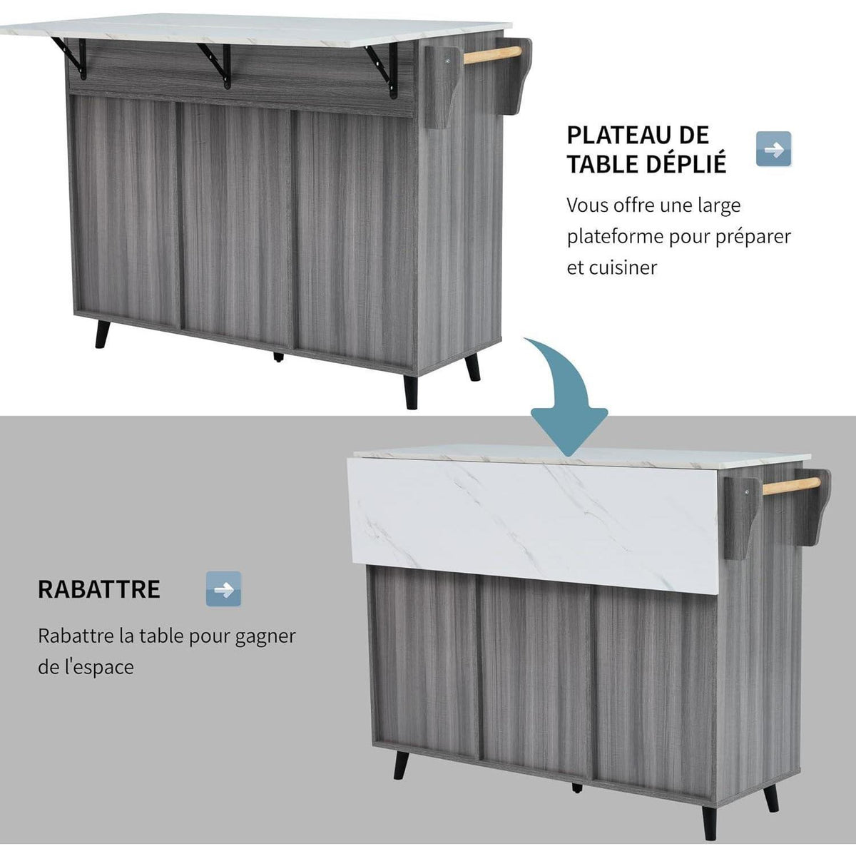 Freistehende Kücheninsel mit Klappplatte & Rollen – Gray