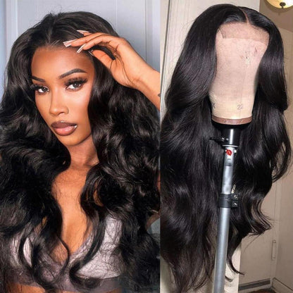 Echthaar Perücke Body Wave mit Spitze Front 55cm Schwarz
