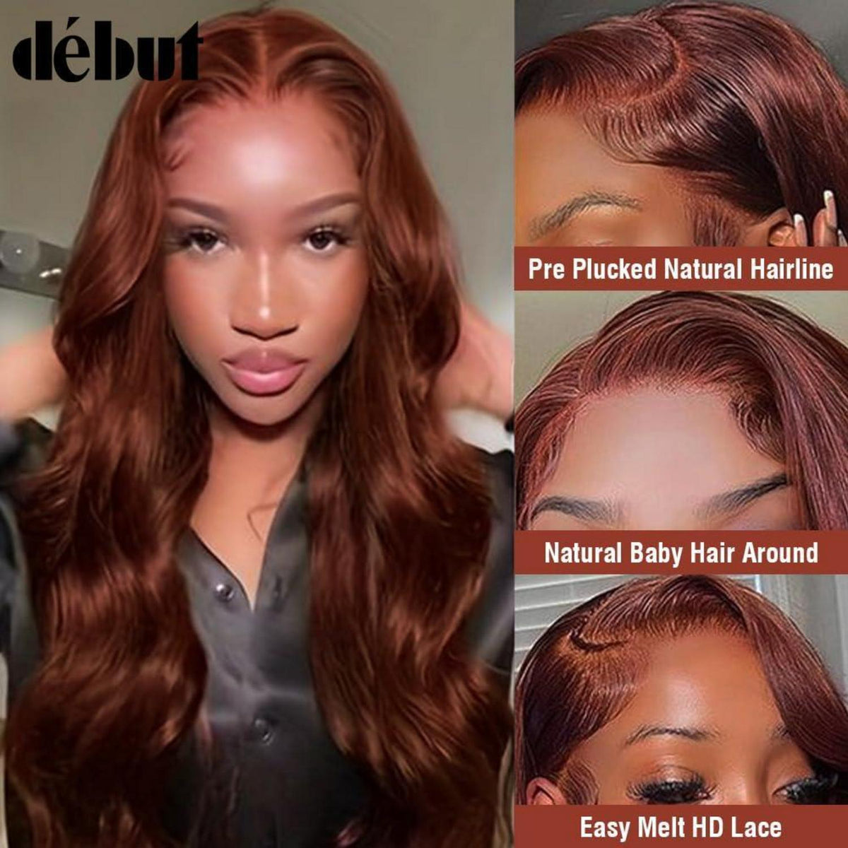 Rötlichbraune Body Wave Lace Front Perücke Echthaar 40cm