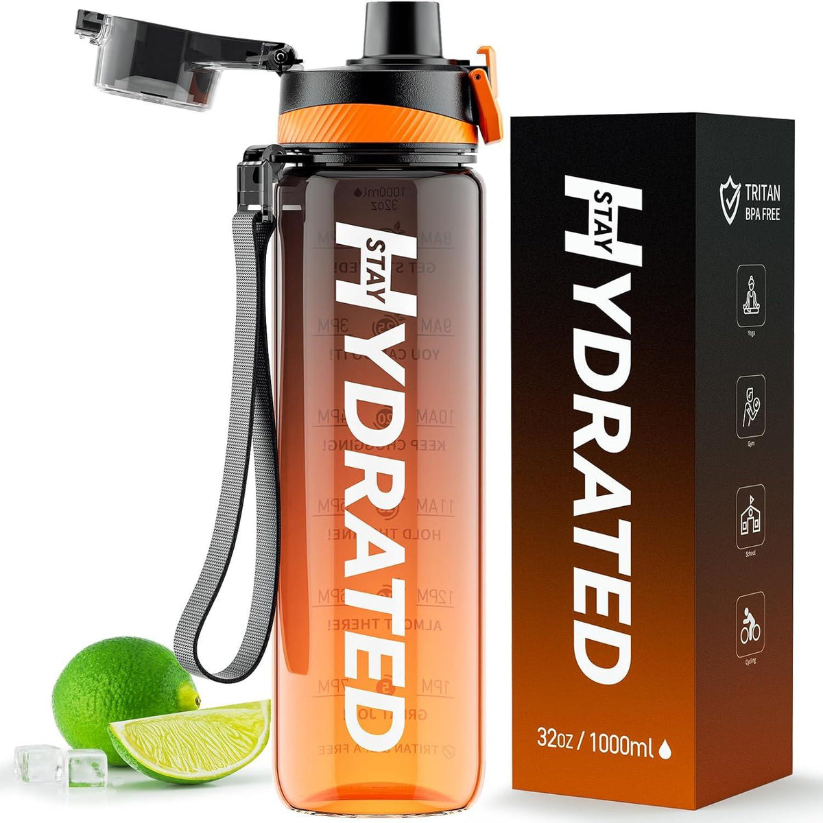 Trinkflasche 1L BPA-frei Tritan Sport Zeitmarkierung Orange