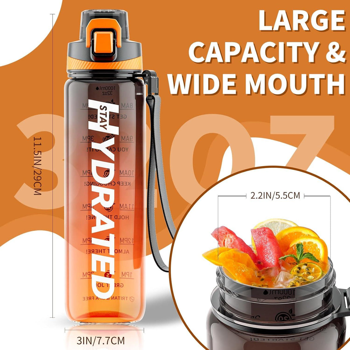 Trinkflasche 1L BPA-Frei Auslaufsicher Tritan Sport Zeitmarkierung Orange
