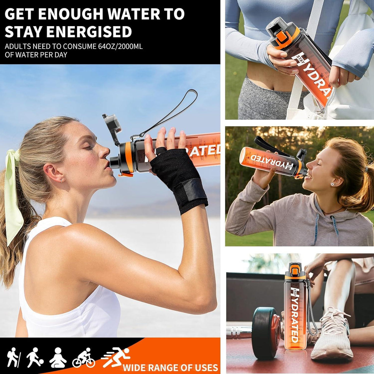 Mevoly Trinkflasche 1L Auslaufsicher BPA Frei Tritan Sport Flasche Zeitmarkierung embodded Ocean Blue