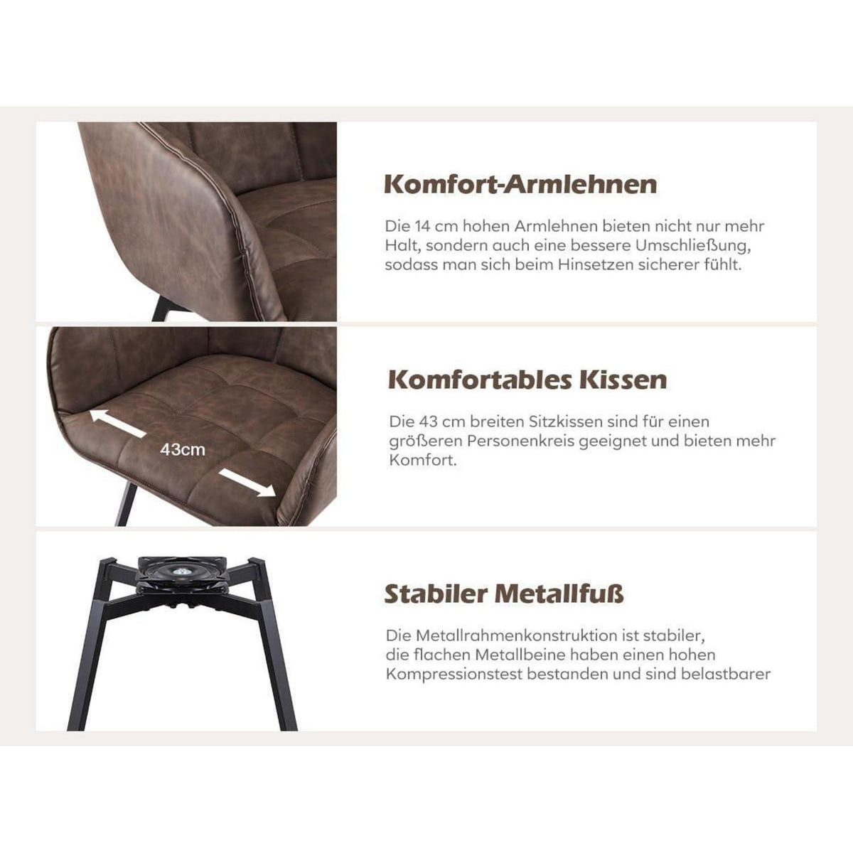 Drehbare Esszimmerstühle 2er Set Braun in Lederoptik