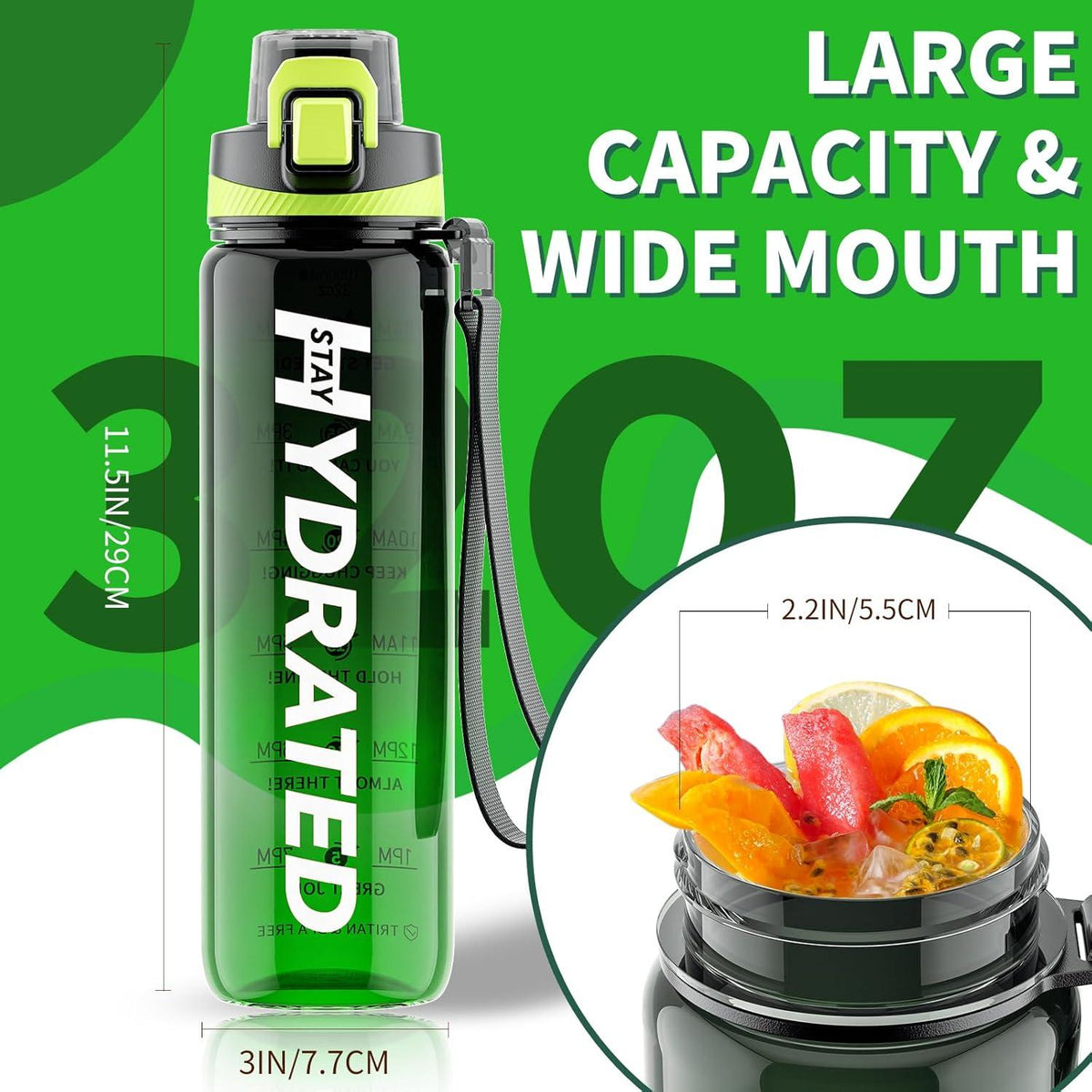 Mevoly Trinkflasche 1L Wasserflasche Sport Zeitmarkierung BPA-Frei Tritan grün