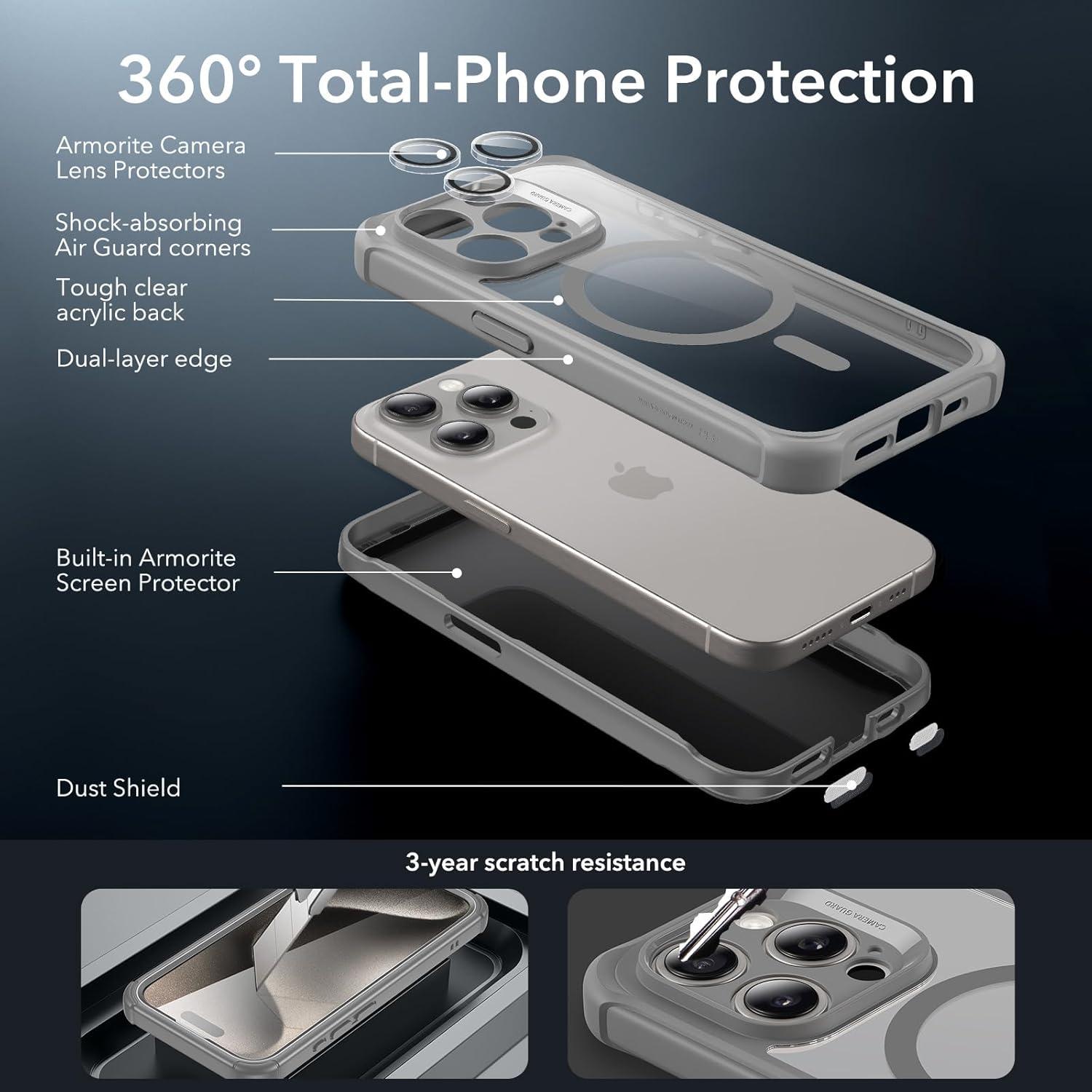 ESR iPhone 15 Pro Max Hülle MagSafe 360 Grad Militärnorm Grau