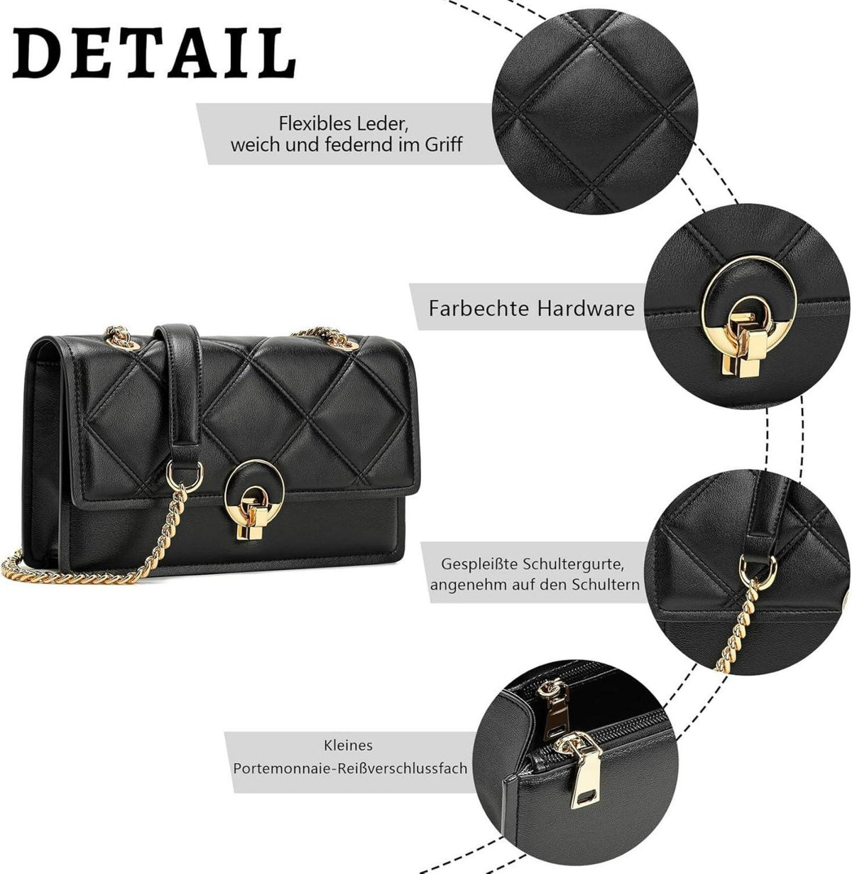 Damen Umhängetasche Crossbody Bag weiches Leder mit Metallkette Schwarz