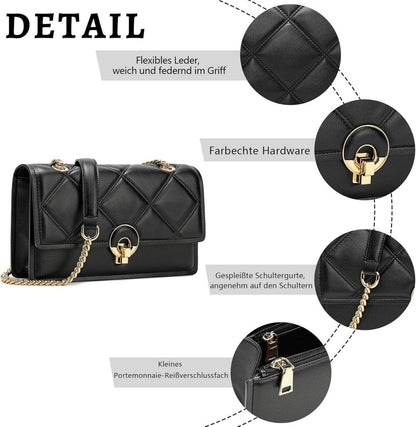 Damen Umhängetasche Crossbody Bag weiches Leder mit Metallkette Schwarz