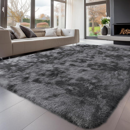 Großer Grauer Hochflor Teppich 160x230 Waschbar Rutschfest und