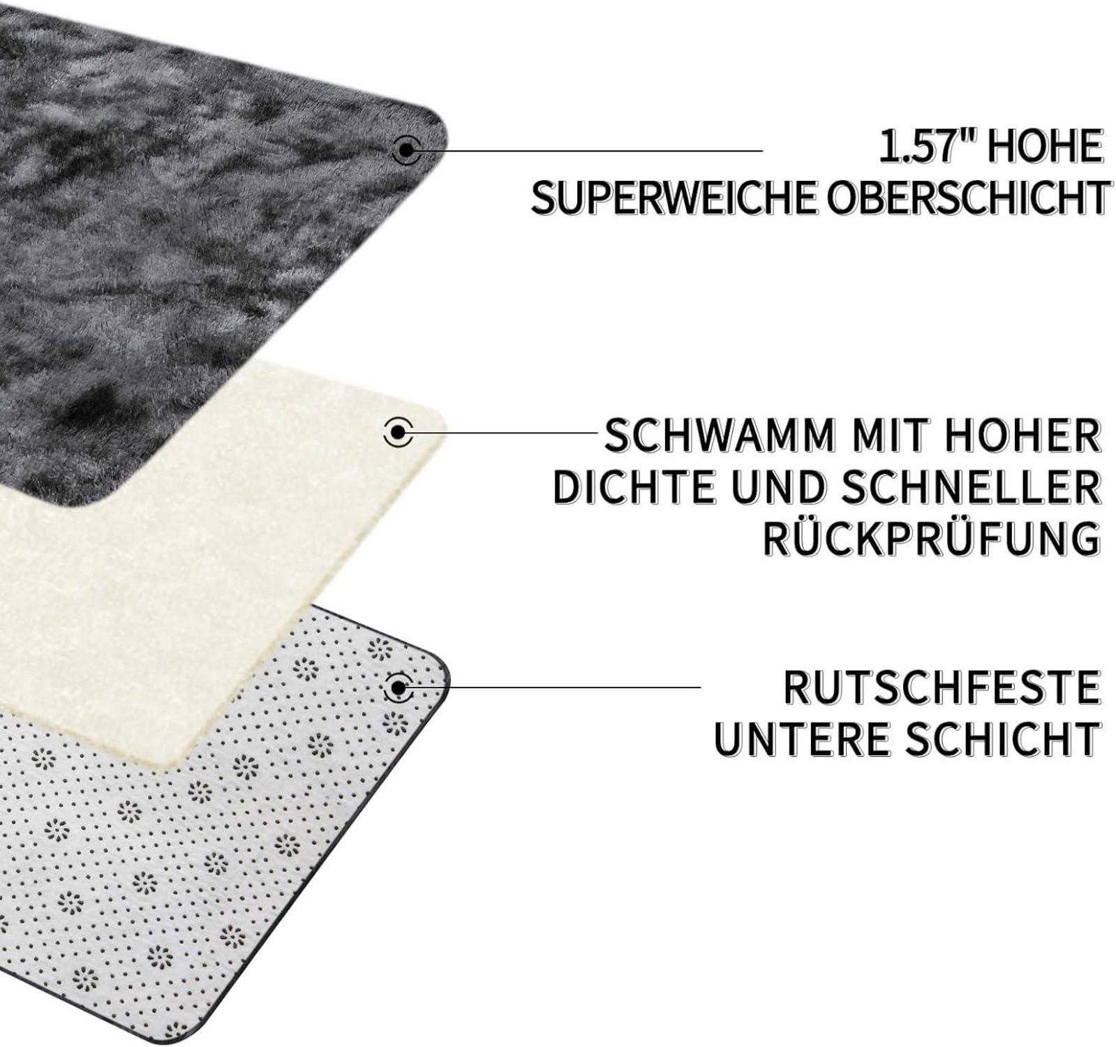 Großer Grauer Hochflor Teppich 160x230 Waschbar Rutschfest und