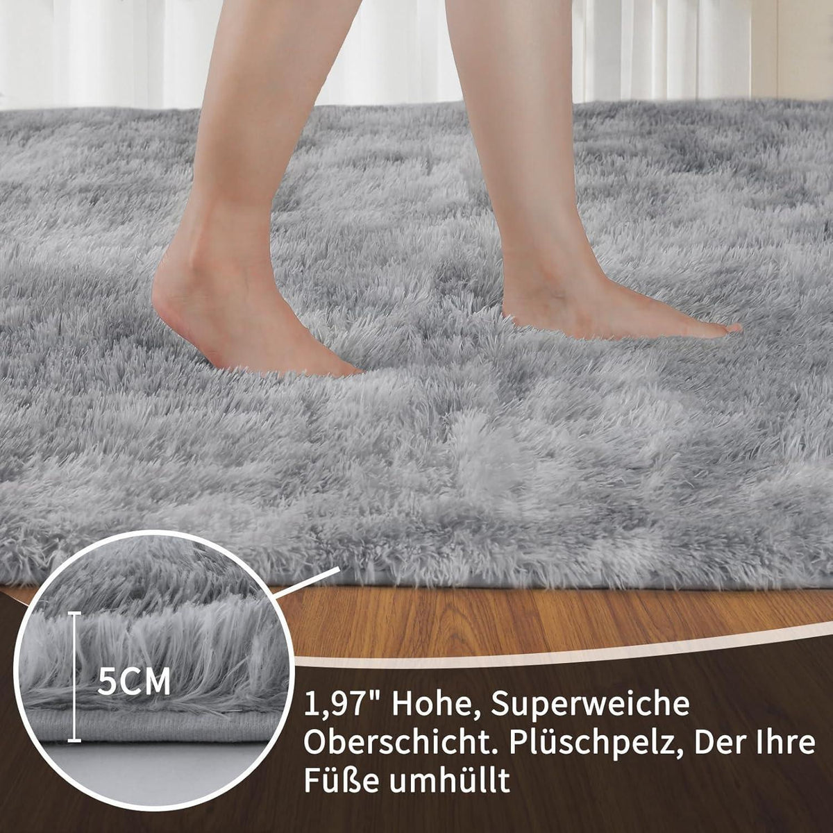 Grauer Hochflor Teppich 240x340 – Flauschiger Wohnzimmerteppich Waschbar