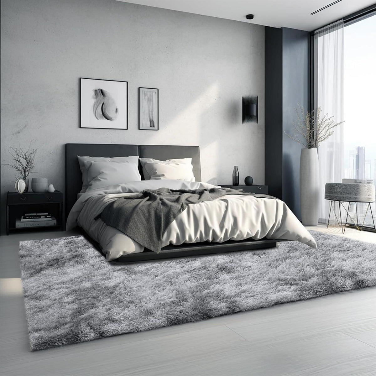 Grauer Hochflor Teppich 240x340 – Flauschiger Wohnzimmerteppich Waschbar