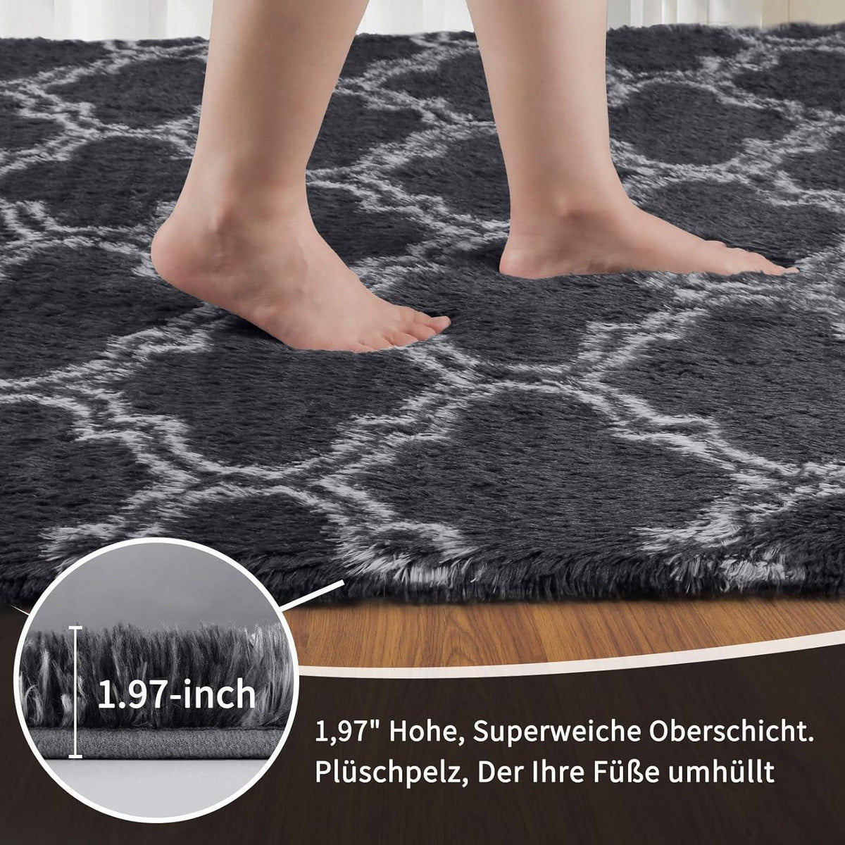Hochflor Teppich Grau 240x300 – Flauschiger Wohnzimmerteppich Anti-Rutsch