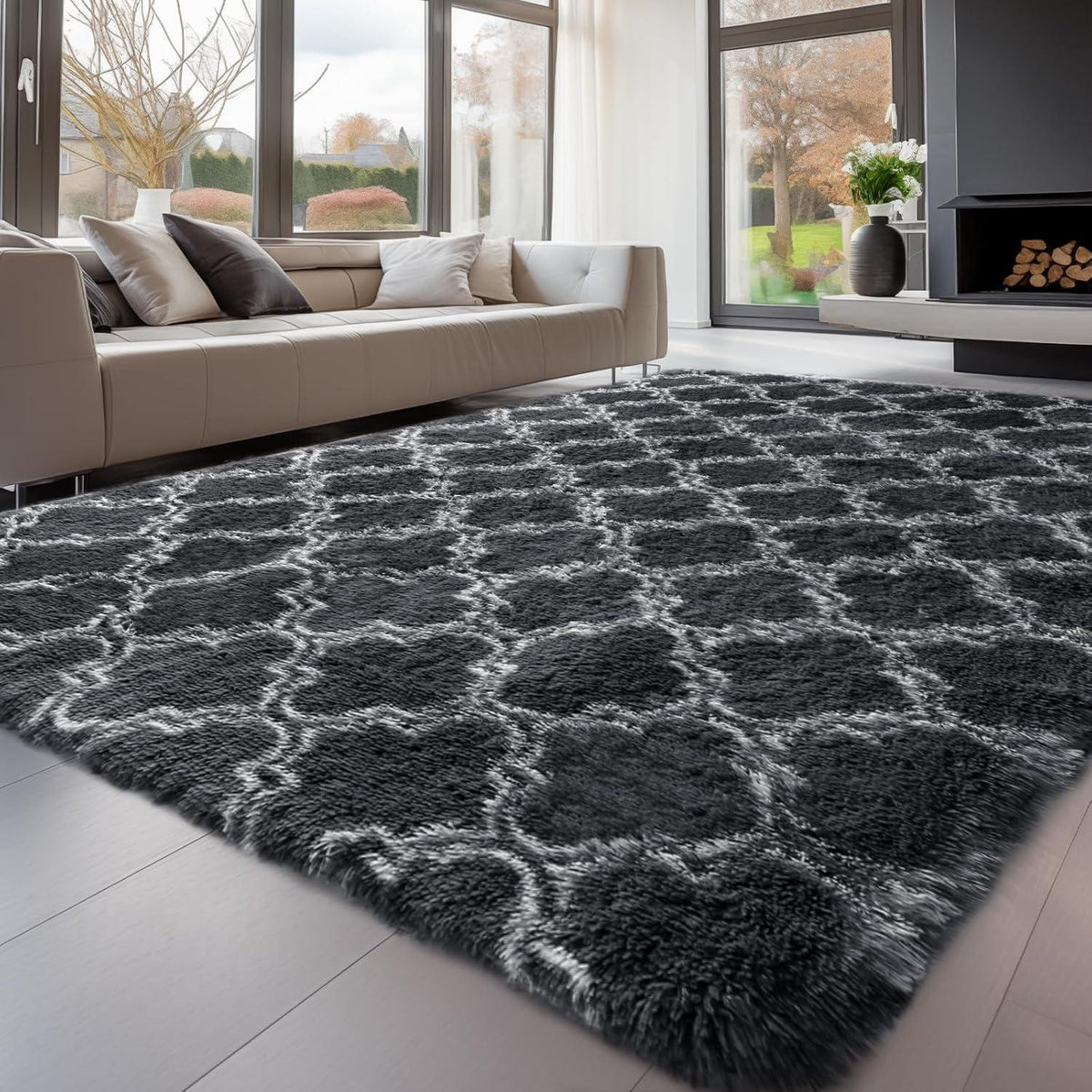 Grauer Hochflor Teppich 240x340 – Waschbar & Rutschfest für Wohnzimmer