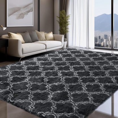 Grauer Hochflor Teppich 240x340 – Waschbar & Rutschfest für Wohnzimmer