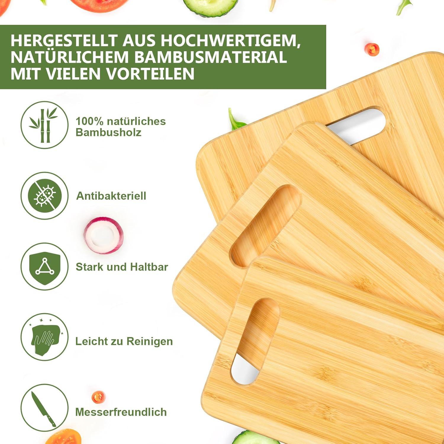 3er Set Bambus Schneidebretter Holz 34x24cm 28x20cm 22x14cm