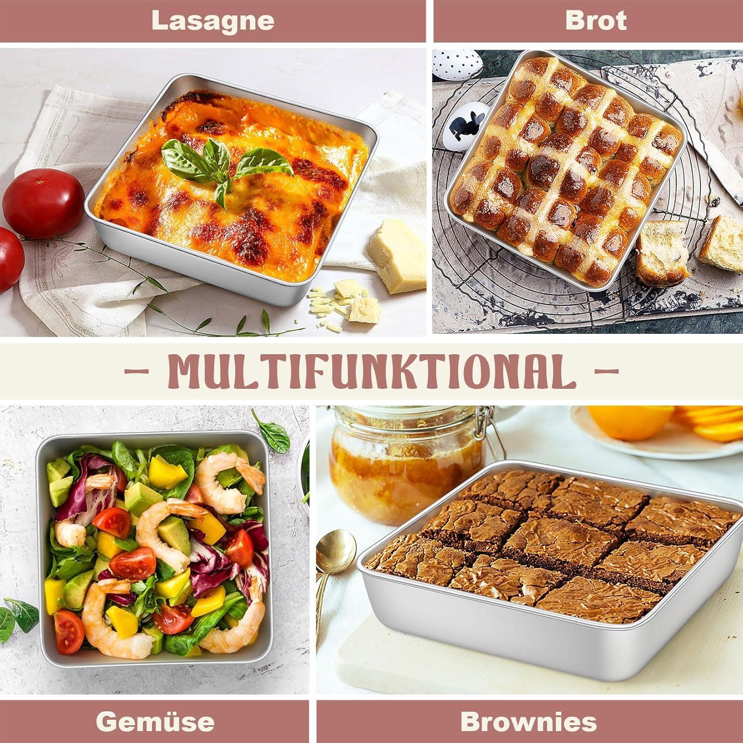 Quadratische Kuchenform Edelstahl 2er Set 20x20x5cm Backform Brownie Lasagne