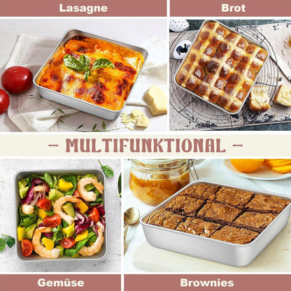 Quadratische Kuchenform Edelstahl 2er Set 20x20x5cm Backform Brownie Lasagne