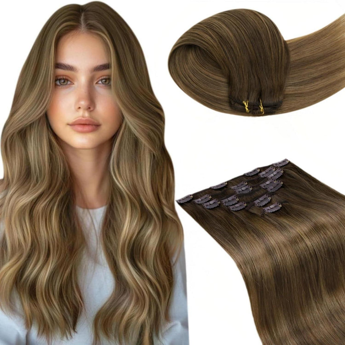 Echthaar Clip-in Extensions Braun Balayage 60cm