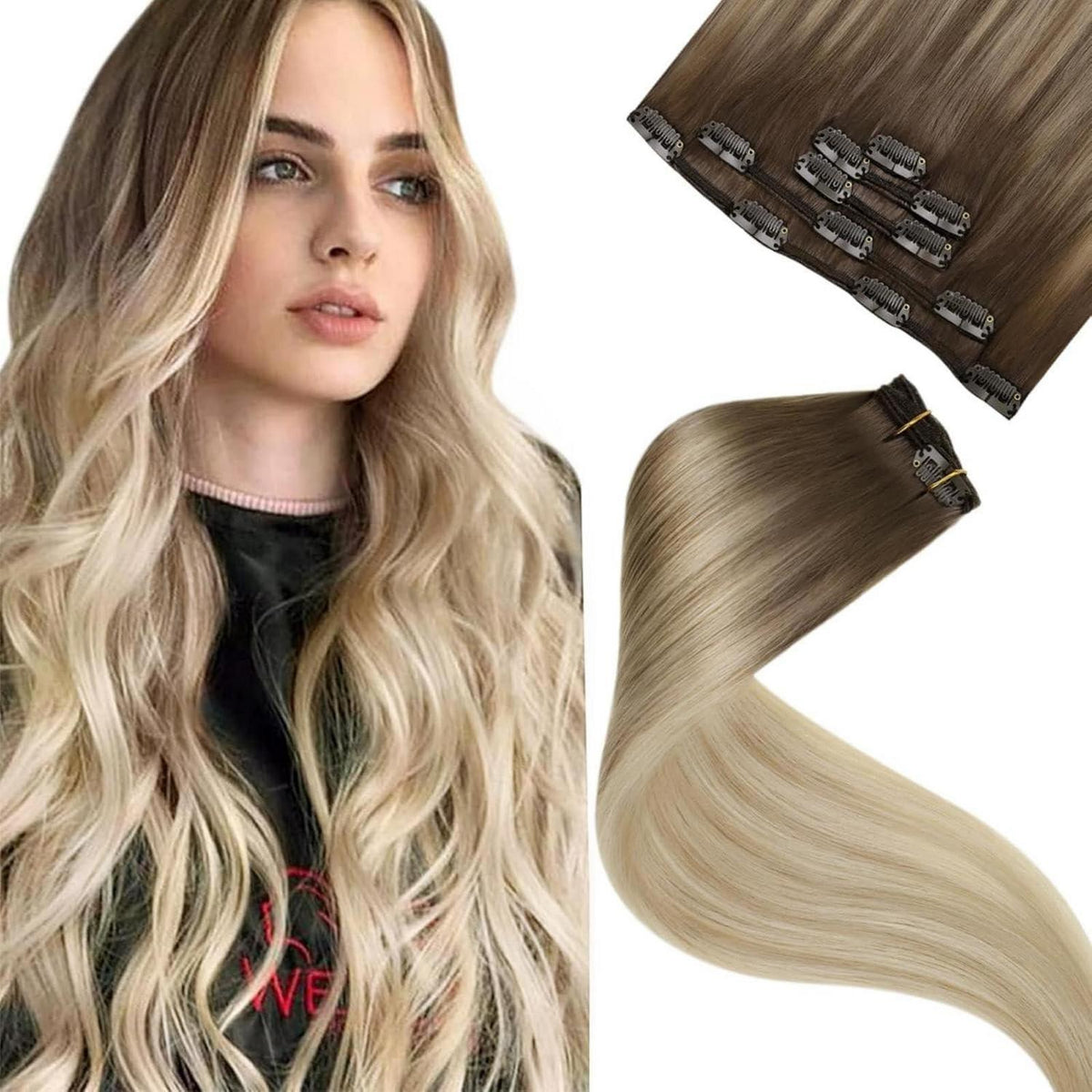 Clip-in Haarverlängerung Braun-Aschblond Ombre Echthaar 35cm