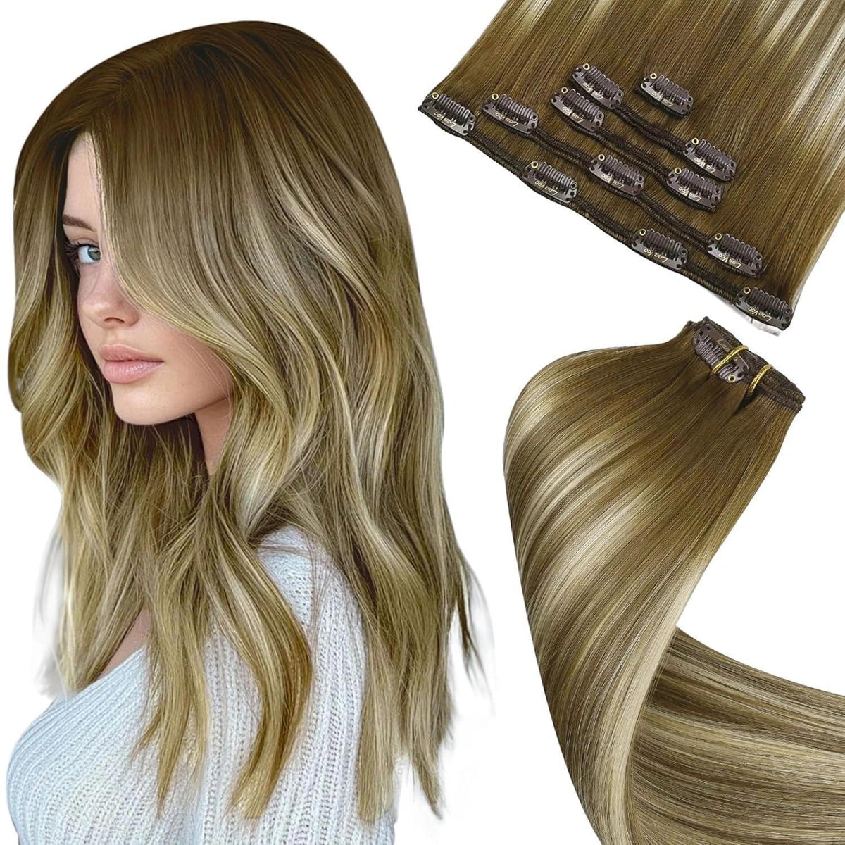 Clip-in Haarverlängerung Echthaar Balayage Braun Blond