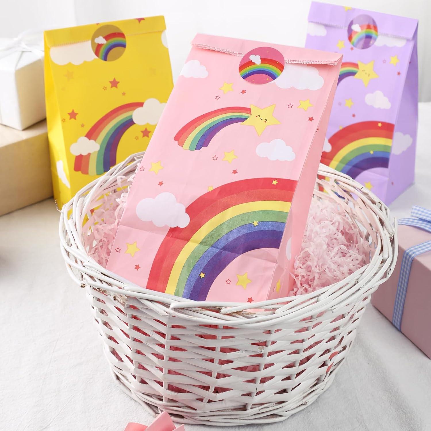24x Regenbogen Geschenktüten Partytüten Kindergeburtstag Aufkleber Kraftpapier