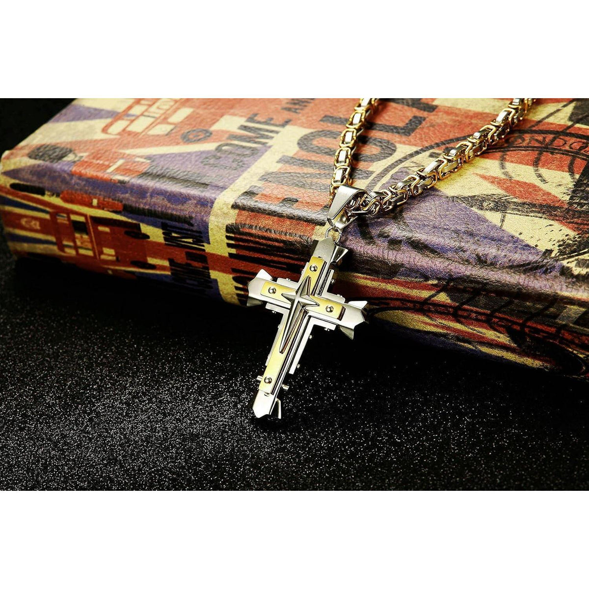 Herren Kreuz Kette Edelstahl Byzantinisch 61cm Gold Schwarz