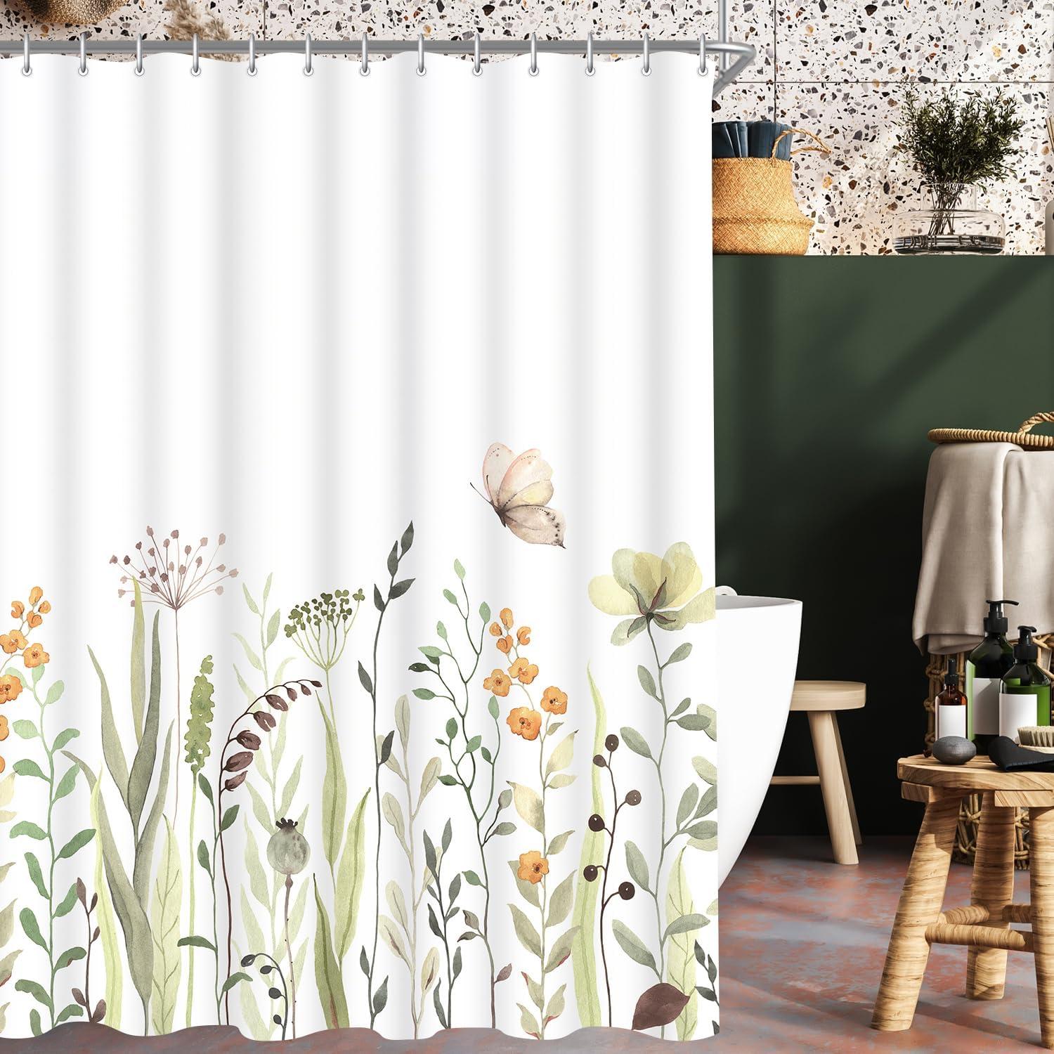 Duschvorhang 200x200cm Frische Schmetterling Blumen Wasserdicht Polyester Haken