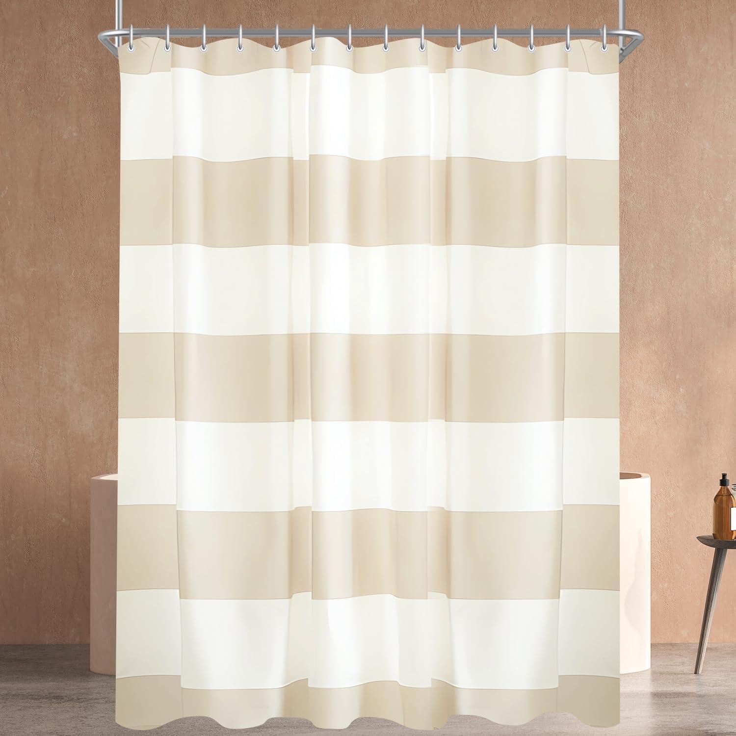 Duschvorhang Beige Streifen 240x180cm Textil Wasserabweisend 12 Ringe
