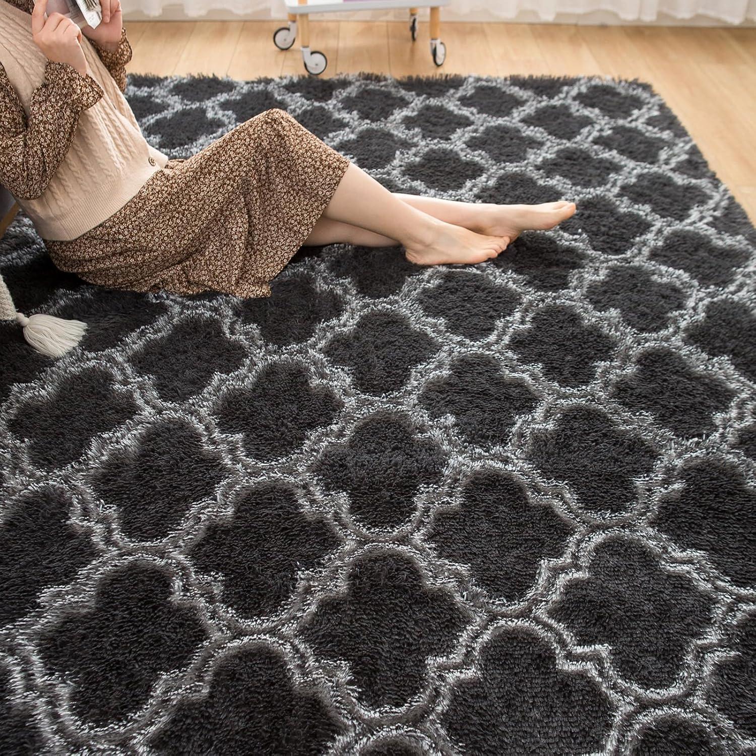 Weicher Zottelteppich Grau 60x90cm Wohnzimmer Schlafzimmer Flauschiger Rutschfester Teppich
