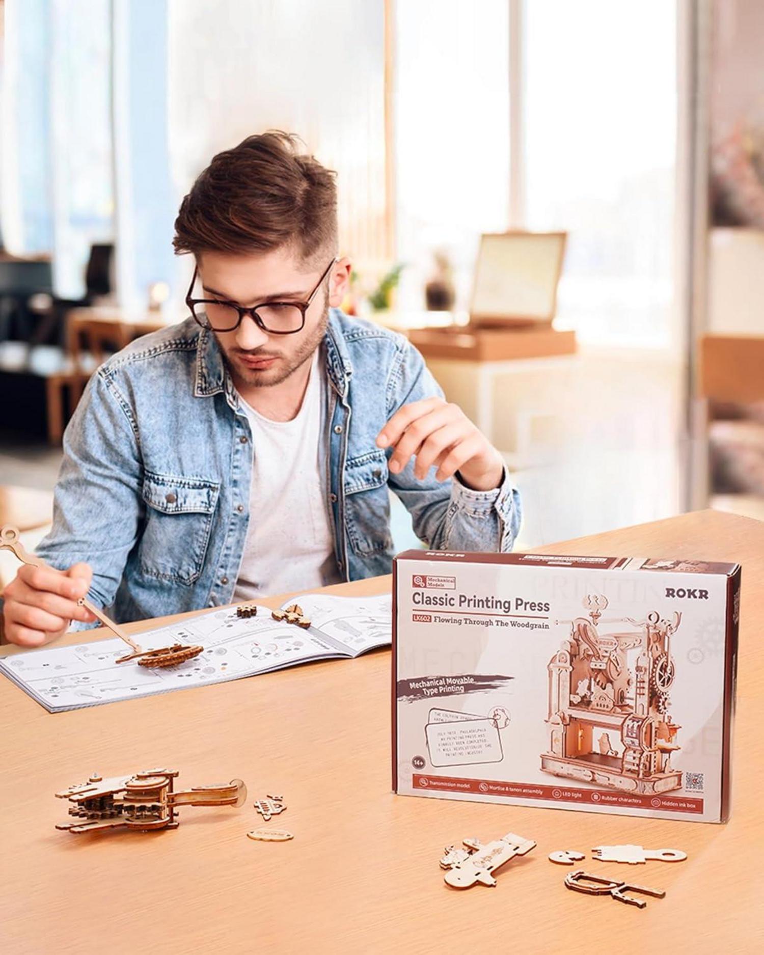 3D Puzzle Holz Klassische Druckmaschine Erwachsene Mechanische