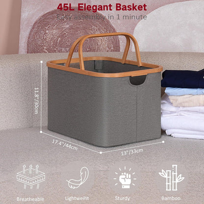 Faltbarer Bambus Wäschekorb 43L Grau Storage Basket