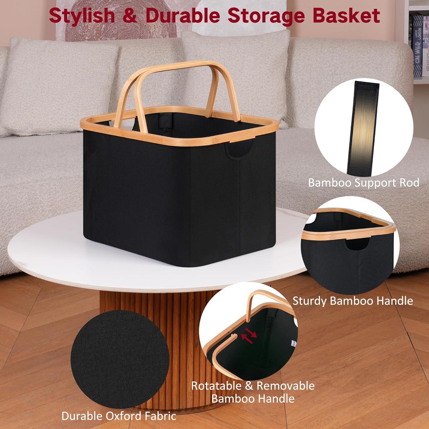 Faltbarer Wäschekorb 43L Bambus Stoff Storage Basket Schwarz